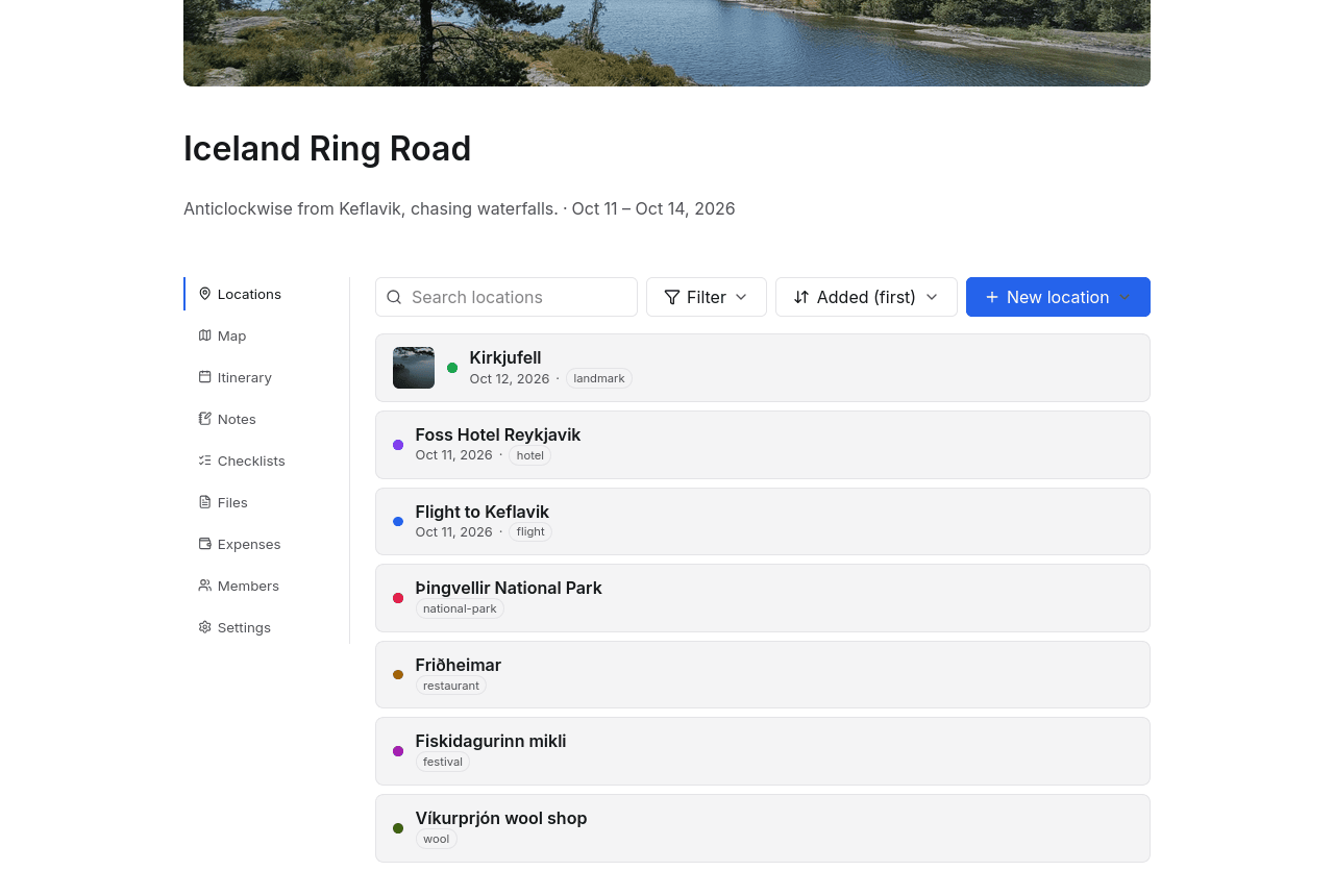 The locations list